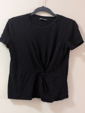 Zara Peplum Black Twist-Front Short Sleeve Top - S